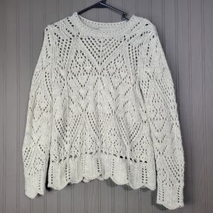 Loft Crew Neck Sweater Open Knit Wool Blend Long Sleeve Shirt Gray Women's Small